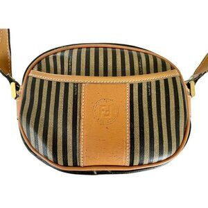 Vintage FENDI Brown Tan Pequin Stripe Oval Crossbody Bag Logo